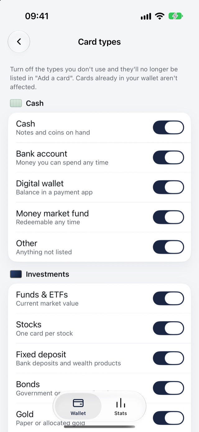 The Card types screen in Settings: under Cash are Cash, Bank account, Digital wallet and Money market fund, each with its own switch.