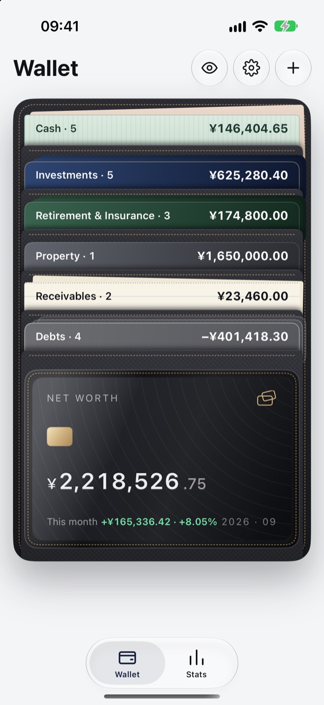 Billfold's home screen: an open black leather wallet with six slots for Cash, Investments, Retirement & Insurance, Property, Receivables and Debts, and a black card in the ID window showing net worth.